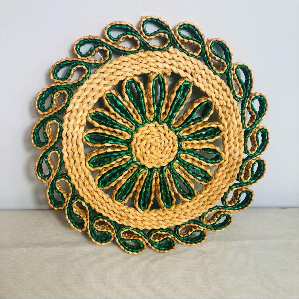 VINTAGE RATTAM WOVEN STRAW TRIVETS HOT PADS 10 Inches